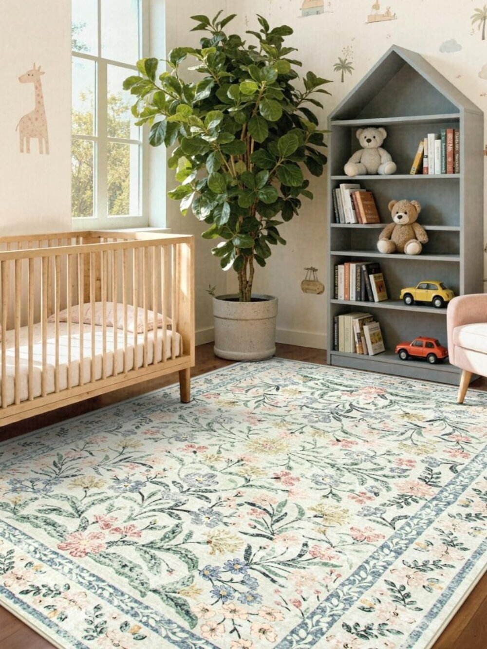 Boho Floral Washable Rugs 5x7, Soft Area Rugs for Bedroom, Ultra-Thin Non Slip